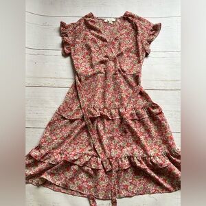 Monteau Los Angeles Tiered Frilly Sleeve Tied Mini Dress Size M Floral Boho